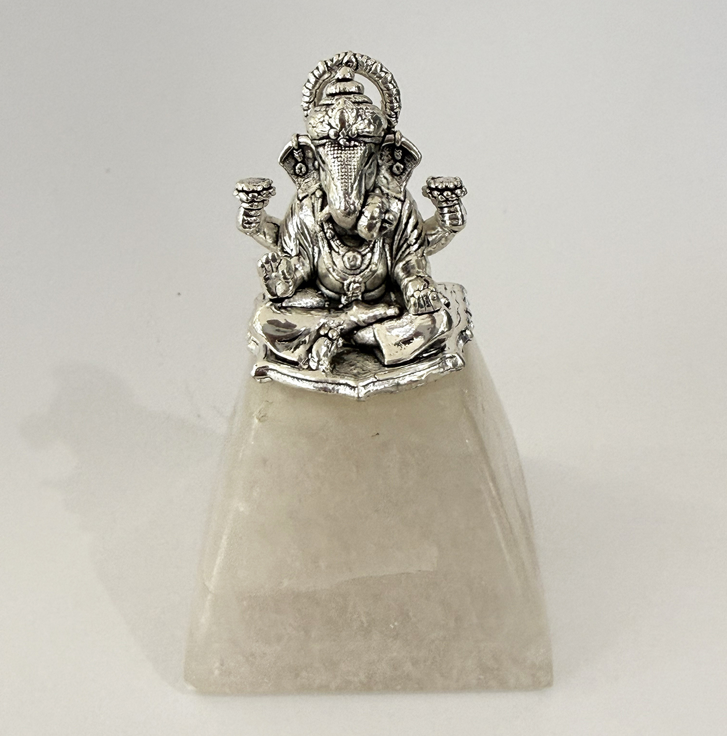 A Fine Pure Silver Ganesha on Sq Rose Quartz Base | 3.5″ Ht.