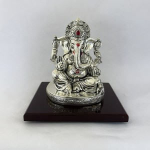 999 Pure Silver Sitting Ganesha set on a Wood Base | 7.5" ht.