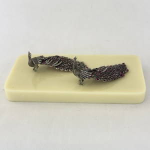Pure Silver Pair of Peacocks on Ivory Look Base | Size 6" long