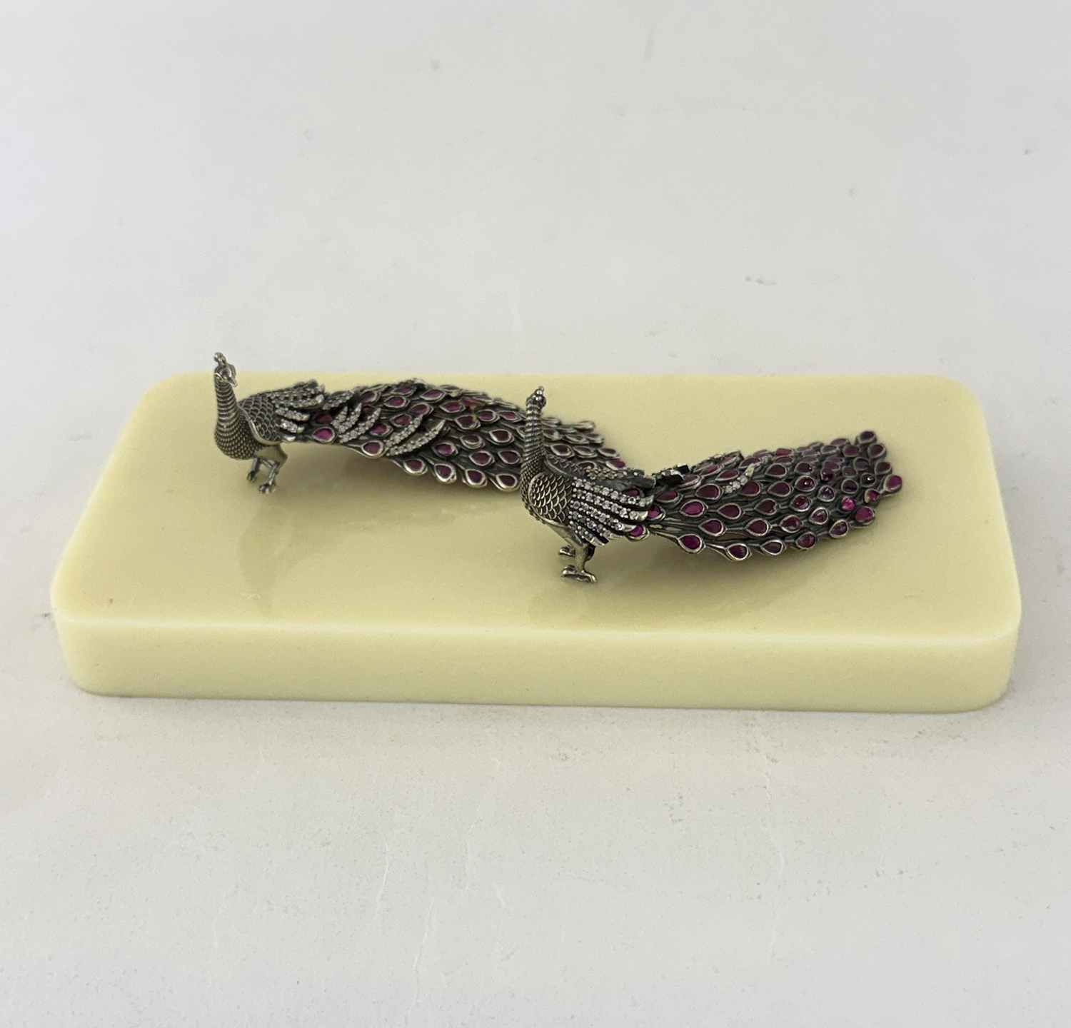 Pure Silver Pair of Peacocks on Ivory Look Base | Size 6″ long