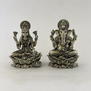 Fine Detailed Laxmi Ganesh Pair in solid 92.5% Pure SIlver | 4" ht.